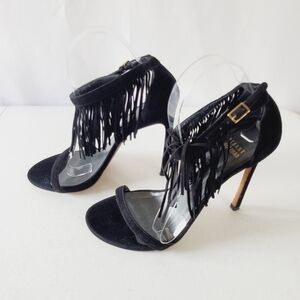 Stuart Weitzman Suede Love Fringe Sandal Size 9 Ankle Strap Black Stiletto Heel